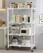 4-Tier Foldable Metal Storage Shelf with Side Hooks Heavy Duty Kitchen Organizer Rack White