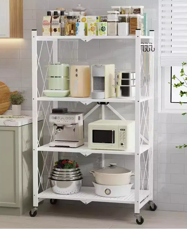 4-Tier Foldable Metal Storage Shelf with Side Hooks Heavy Duty Kitchen Organizer Rack White