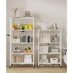 Scaffale portaoggetti pieghevole in metallo a 4 ripiani con ganci laterali, organizer da cucina per carichi pesanti, bianco