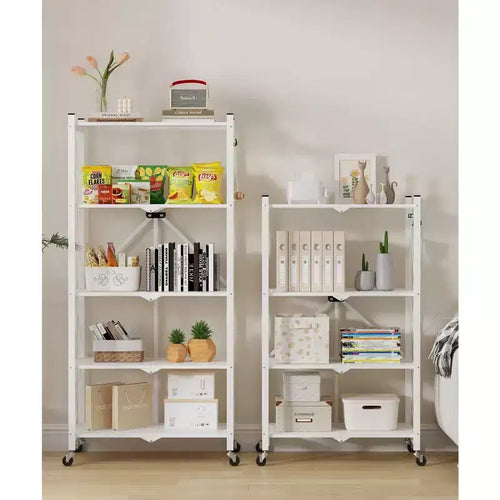Scaffale portaoggetti pieghevole in metallo a 4 ripiani con ganci laterali, organizer da cucina per carichi pesanti, bianco