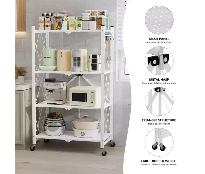 Scaffale portaoggetti pieghevole in metallo a 4 ripiani con ganci laterali, organizer da cucina per carichi pesanti, bianco