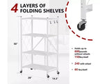 Scaffale portaoggetti pieghevole in metallo a 4 ripiani con ganci laterali, organizer da cucina per carichi pesanti, bianco