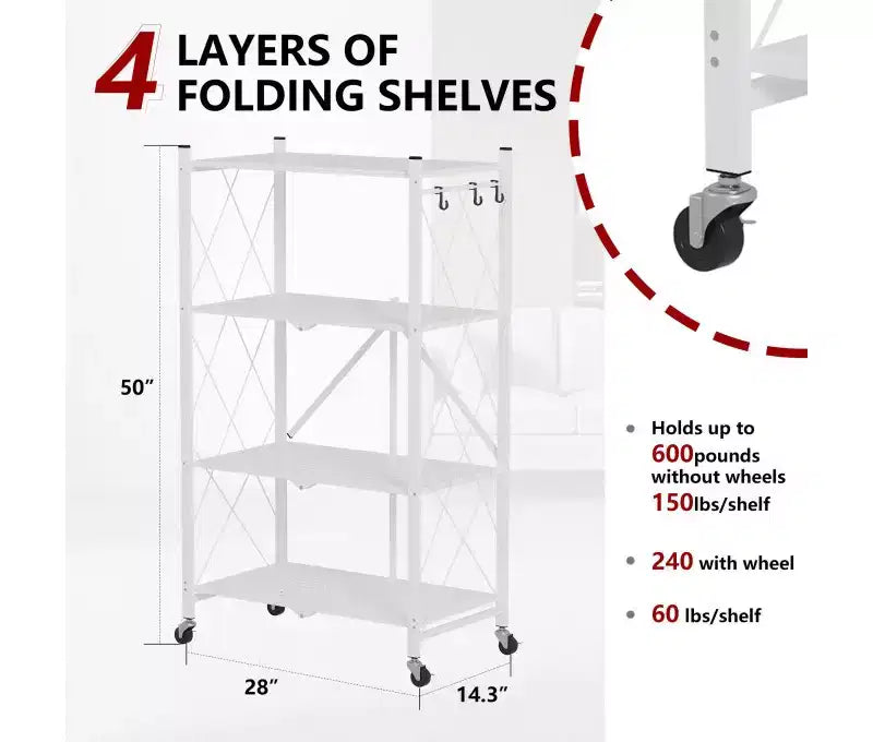 Scaffale portaoggetti pieghevole in metallo a 4 ripiani con ganci laterali, organizer da cucina per carichi pesanti, bianco