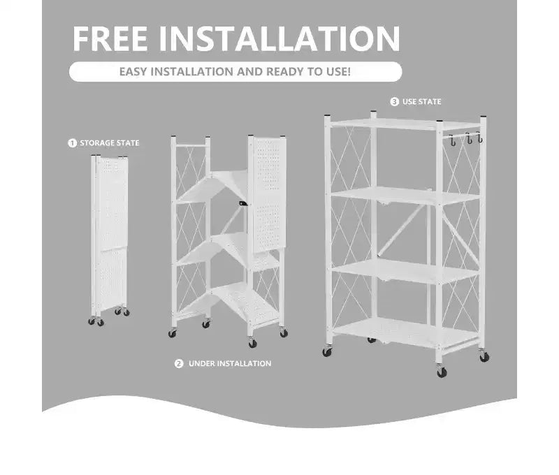 Scaffale portaoggetti pieghevole in metallo a 4 ripiani con ganci laterali, organizer da cucina per carichi pesanti, bianco