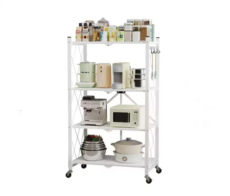 Scaffale portaoggetti pieghevole in metallo a 4 ripiani con ganci laterali, organizer da cucina per carichi pesanti, bianco