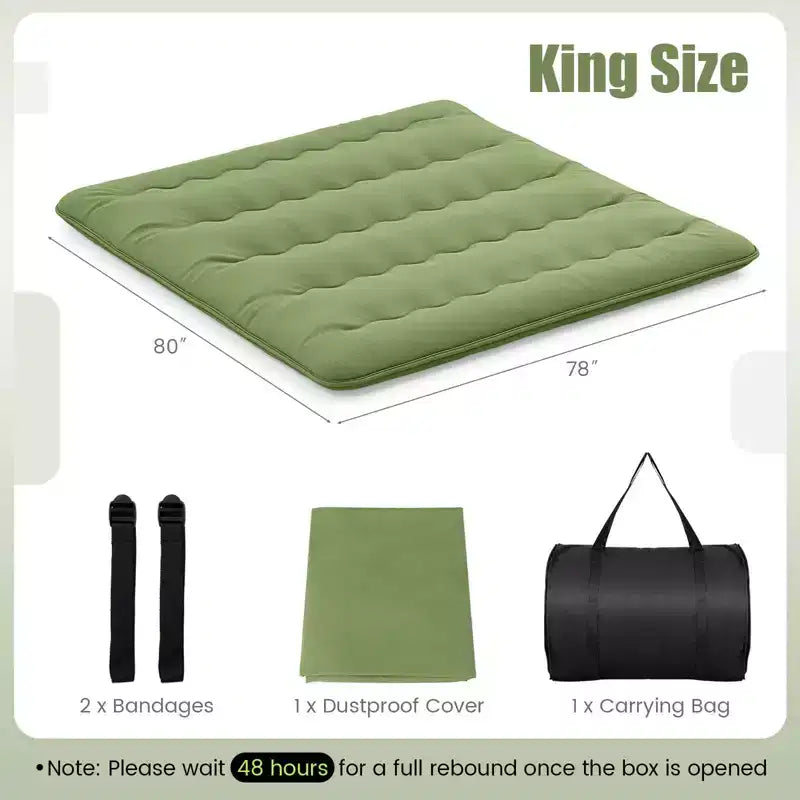 Materasso Futon Matrimoniale/Una Piazza e Mezza/Queen/King Giapponese da Pavimento con Copertura Lavabile e Borsa per il Trasporto Verde