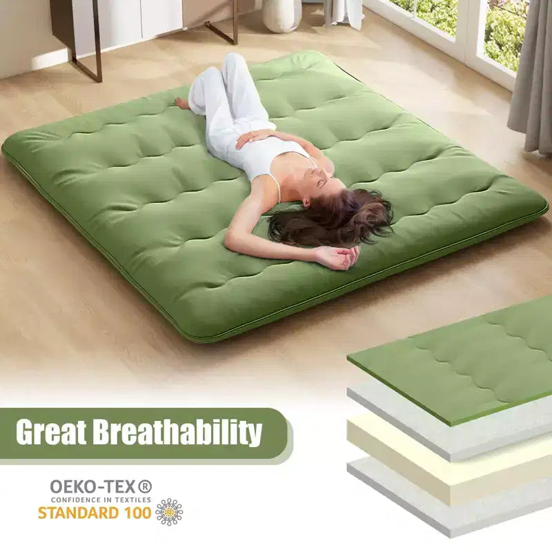 Materasso Futon Matrimoniale/Una Piazza e Mezza/Queen/King Giapponese da Pavimento con Copertura Lavabile e Borsa per il Trasporto Verde