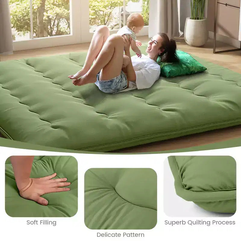 Materasso Futon Matrimoniale/Una Piazza e Mezza/Queen/King Giapponese da Pavimento con Copertura Lavabile e Borsa per il Trasporto Verde
