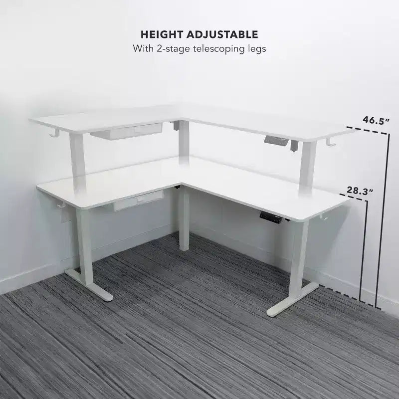 Ampia scrivania angolare elettrica ad altezza regolabile, scrivania automatica con regolazione fluida ed ergonomica dell'altezza, struttura in acciaio, bianca