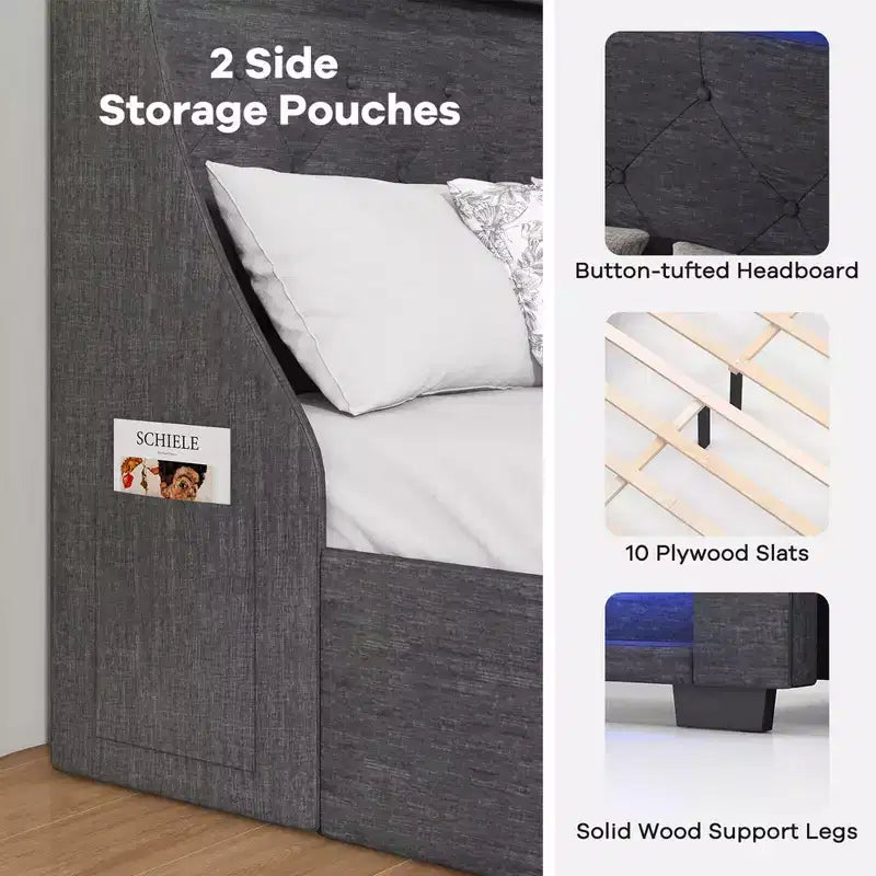 Telaio letto matrimoniale/queen-size con luci LED e stazione di ricarica, letto a piattaforma imbottito