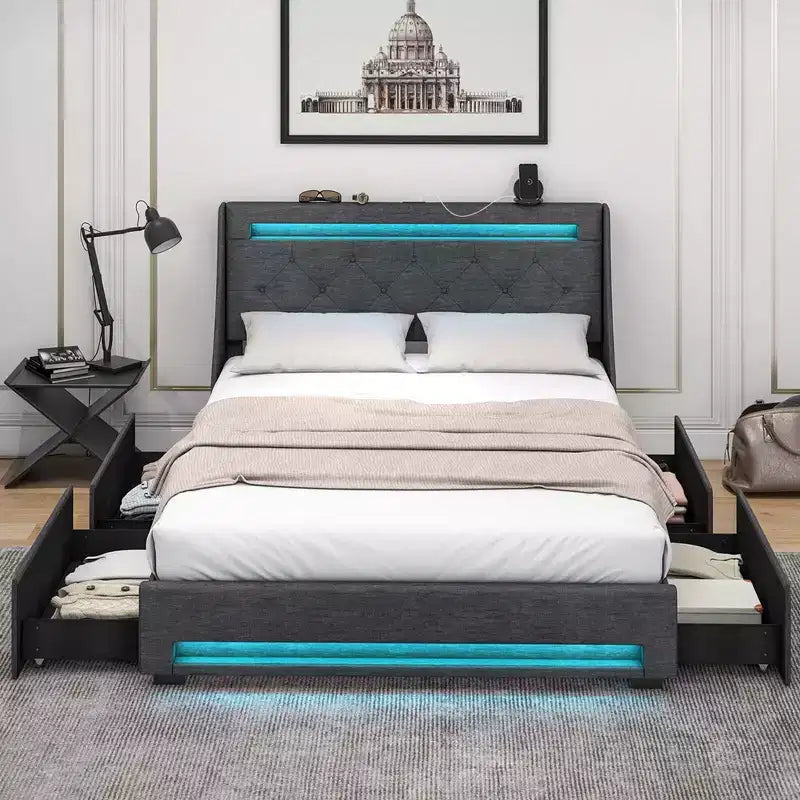 Telaio letto matrimoniale/queen-size con luci LED e stazione di ricarica, letto a piattaforma imbottito