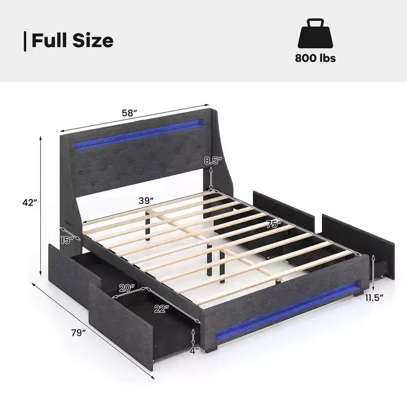 Telaio letto matrimoniale/queen-size con luci LED e stazione di ricarica, letto a piattaforma imbottito
