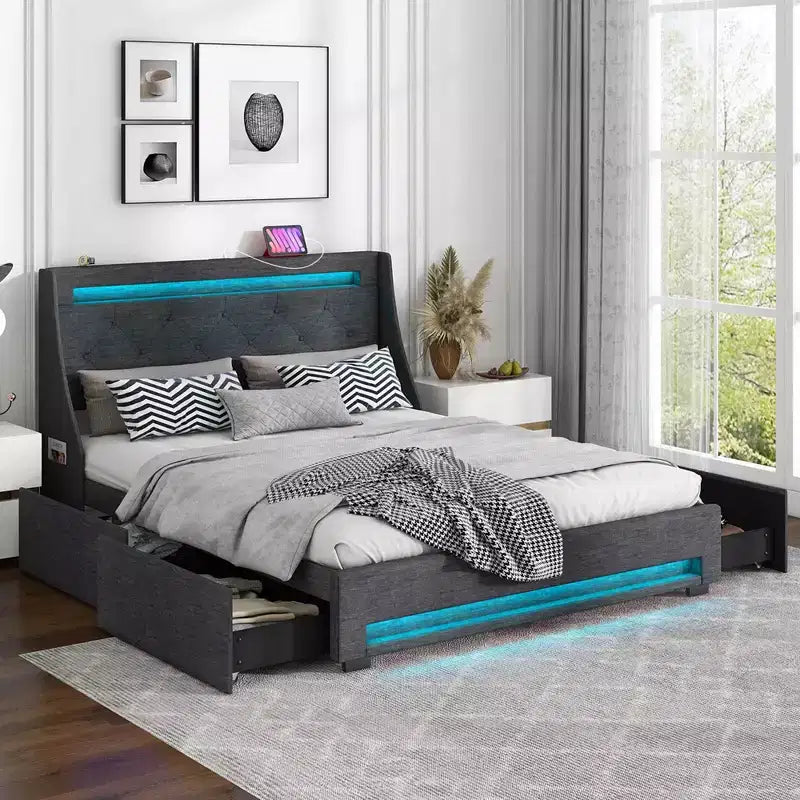 Telaio letto matrimoniale/queen-size con luci LED e stazione di ricarica, letto a piattaforma imbottito