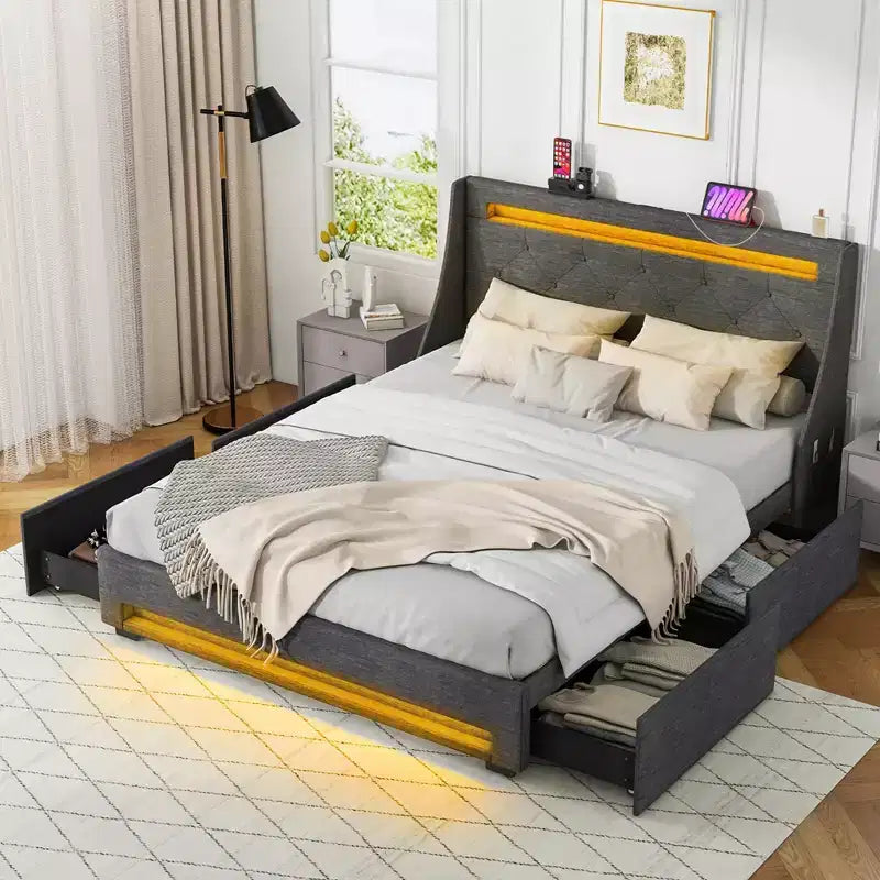 Telaio letto matrimoniale/queen-size con luci LED e stazione di ricarica, letto a piattaforma imbottito
