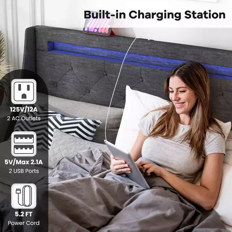 Telaio letto matrimoniale/queen-size con luci LED e stazione di ricarica, letto a piattaforma imbottito