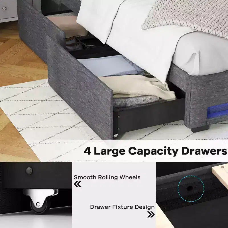 Telaio letto matrimoniale/queen-size con luci LED e stazione di ricarica, letto a piattaforma imbottito