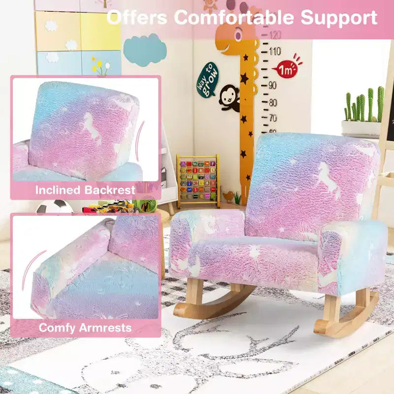 Sedia a Dondolo per Bambini Imbottita in Flanella con Comodo Schienale Multicolore/Rosa