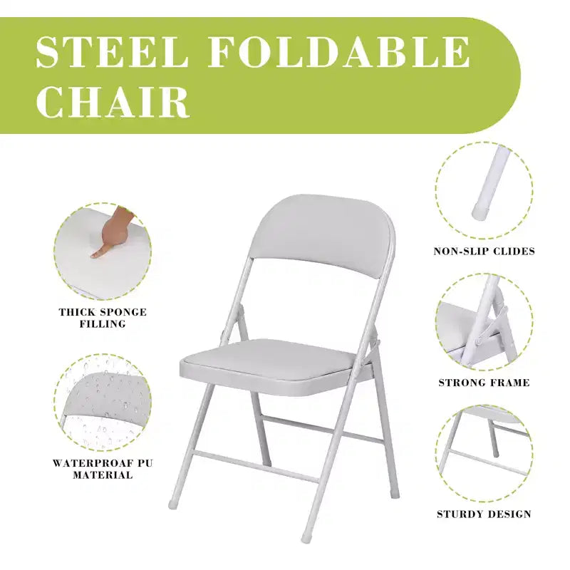 Sedie Pieghevoli da 4 Pezzi con Sedile Imbottito, Struttura in Metallo con Sedile e Schienale in Pelle Sintetica, Bianco