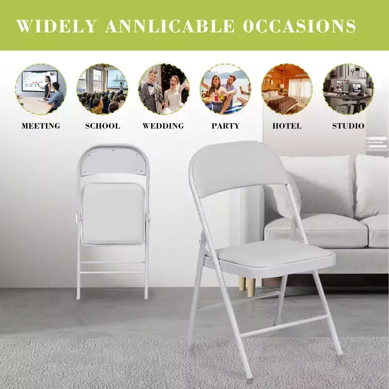 Sedie Pieghevoli da 4 Pezzi con Sedile Imbottito, Struttura in Metallo con Sedile e Schienale in Pelle Sintetica, Bianco
